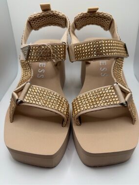 GUESS Beige Platform Sandals with Gold Rhinestones